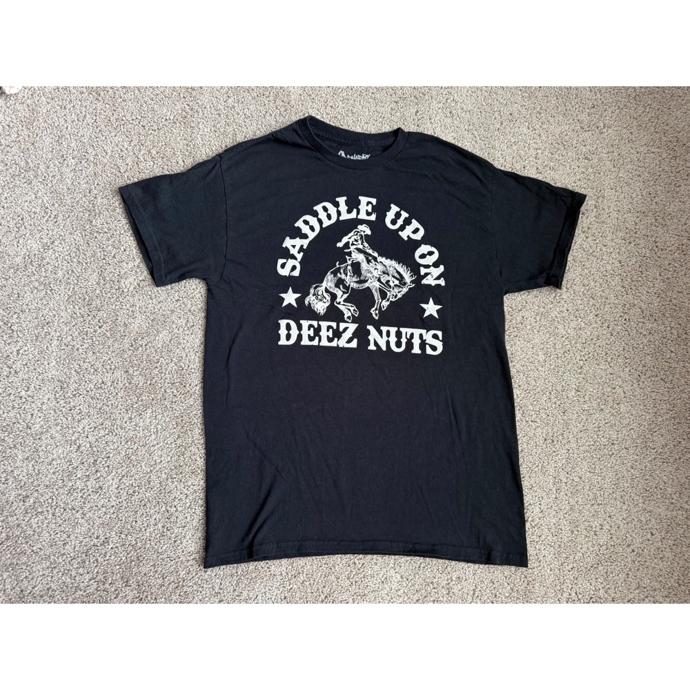 Spencer's Saddle Up On Deez Nuts Graphic T-Shirt Mens Medium Black Cowboy Rodeo